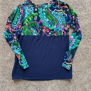 Lilly Pulitzer Finn Top Small Navy Colorblock Long Sleeve Multicolor Print